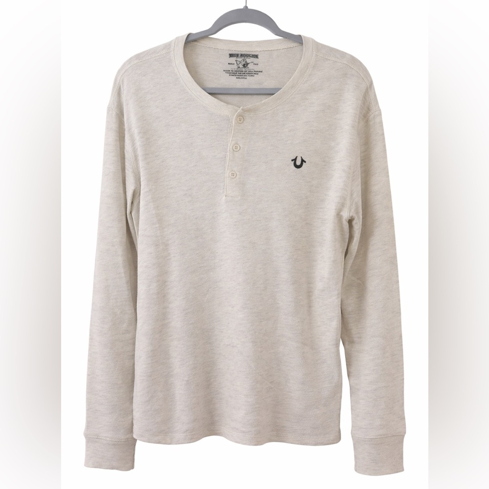 True Religion Cream Long Sleeve Henley with Embroidered Logo